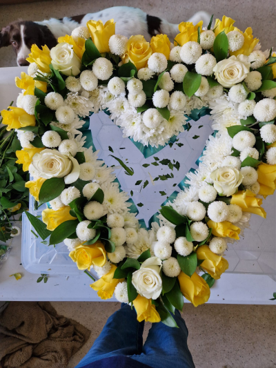 Golden Memories - A classic heart-shaped funeral tribute in yellow and white, lovingly created to remember someone special.