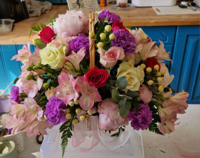 Pretty Wishes Basket - A charming basket arrangement in pretty pink, purple and cream shades, perfect for birthdays, thank yous or simply to show you care.