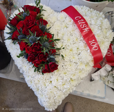 With All My Heart - A classic heart-shaped funeral tribute in white and deep red tones, created as a beautiful expression of love and remembrance